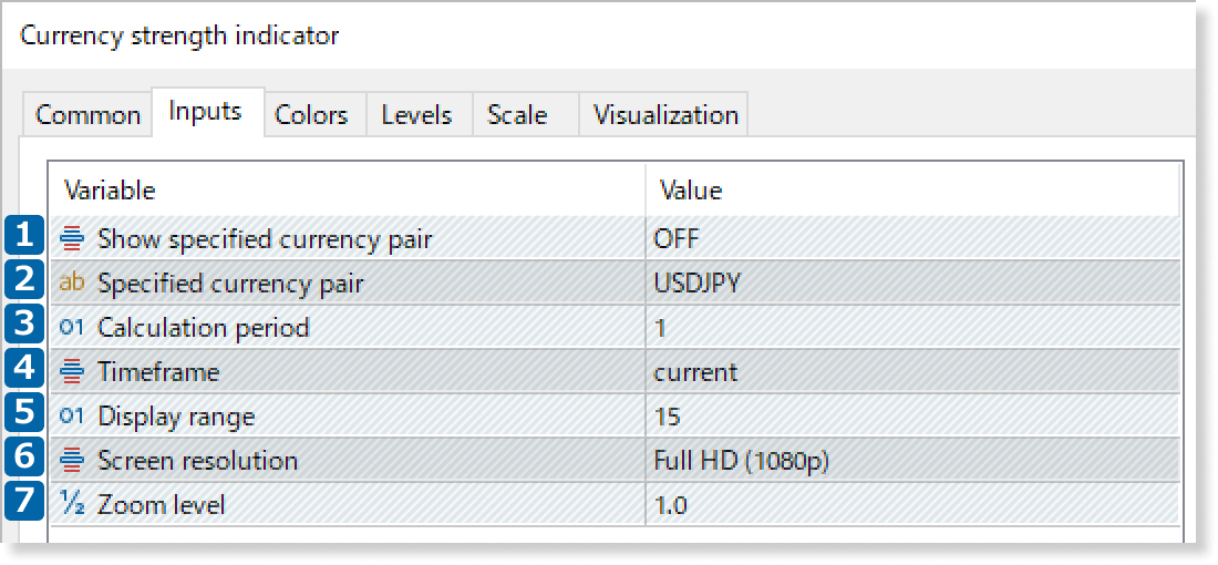 Parameter settings