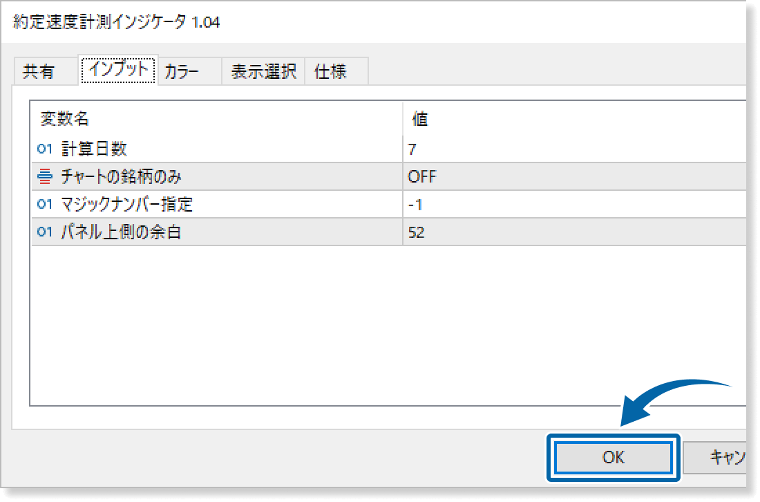 約定時間計測インジケータのインプット画面