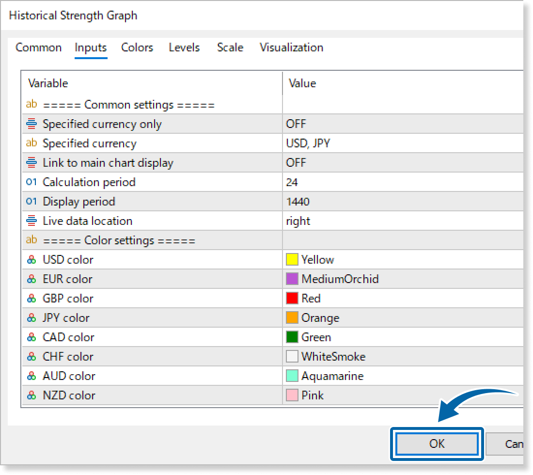 customize the settings on the Inputs tab