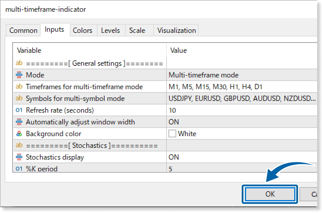 customize the settings on the Inputs tab