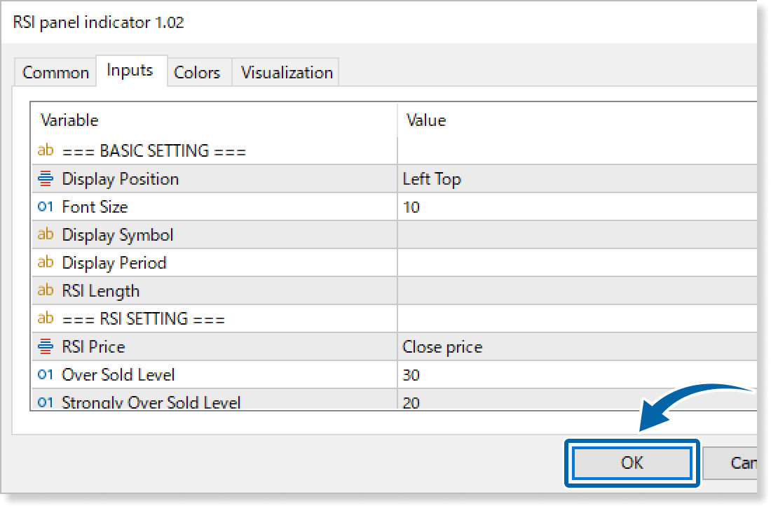 Customize the settings on the Inputs tab