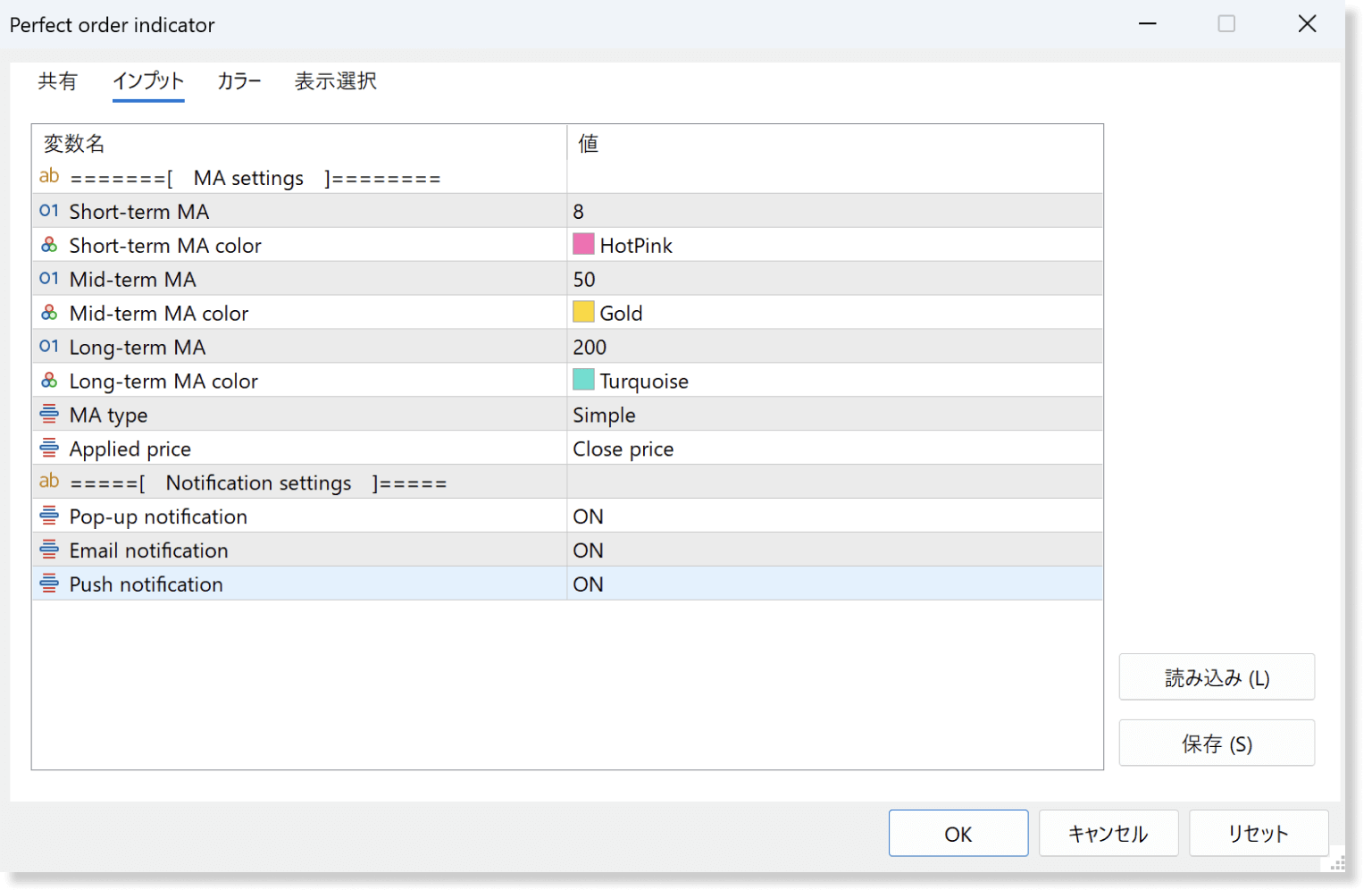 インジケータ設定画面