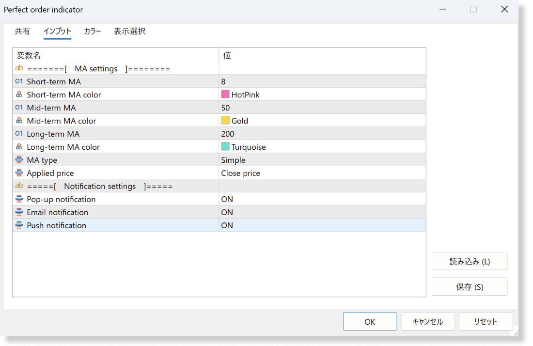 インジケータ設定画面