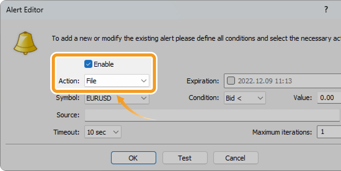 Choose File as the action on the Alert Editor