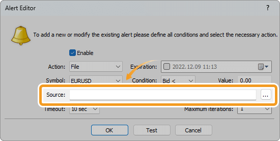 Set the file on the Alert Editor