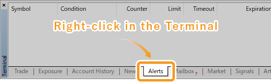 Right-click in the Alerts tab of the Terminal