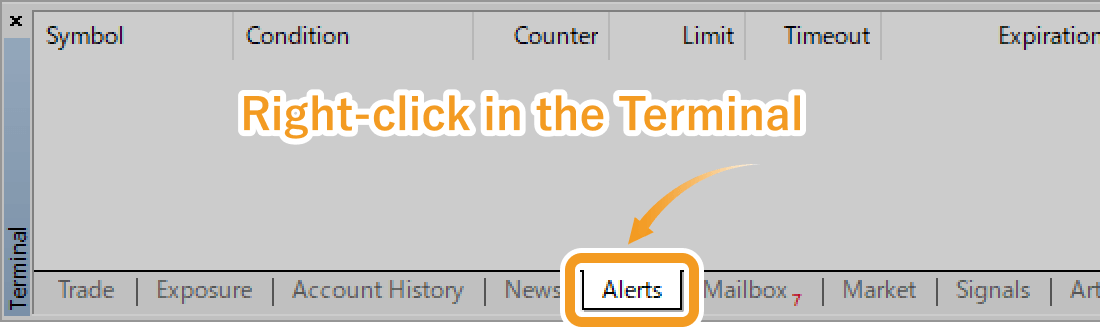 Right-click in the Alerts tab of the Terminal