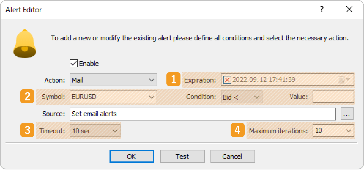 Configure the alert settings and click OK