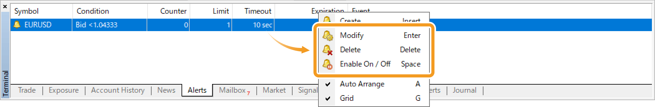 Modify, delete, or enable/disable the alert