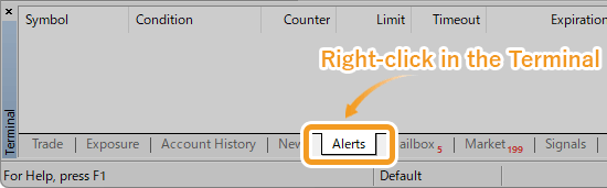 Right-click in the Alerts tab of Terminal