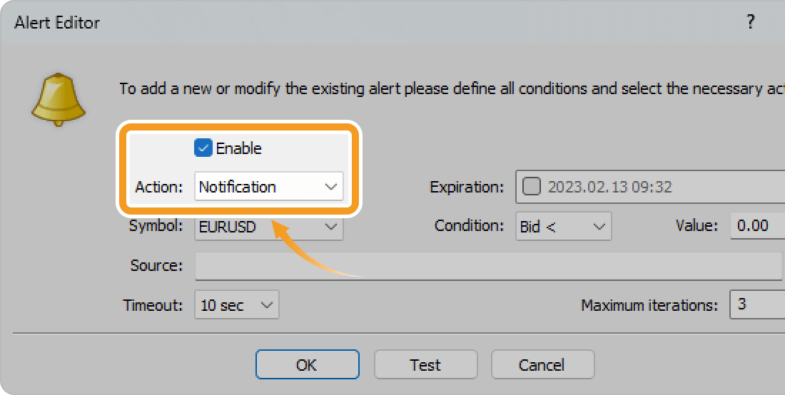 Select Notification in the Action field