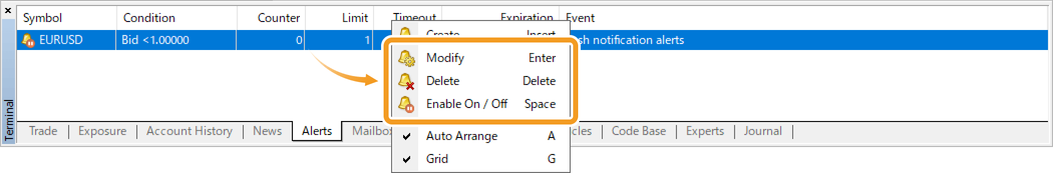 Modify, delete, or enable on/off