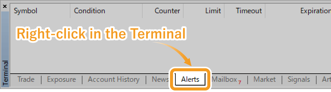 Right-click in the Alerts tab of the Terminal