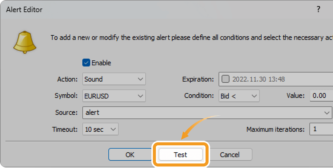 Test the alert on the Alert Editor