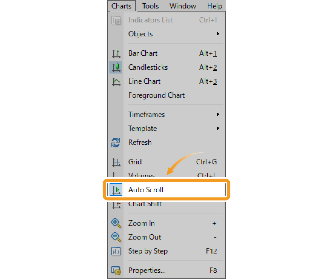 Click Charts in the menu and select Auto Scroll