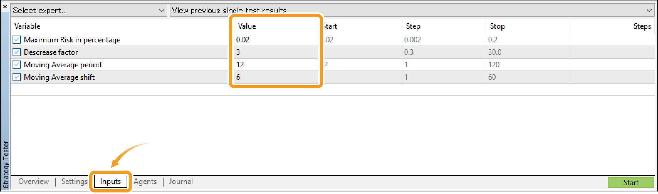 Expert Advisor (EA) parameters