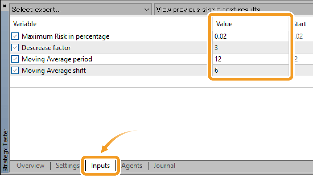 Expert Advisor (EA) parameters