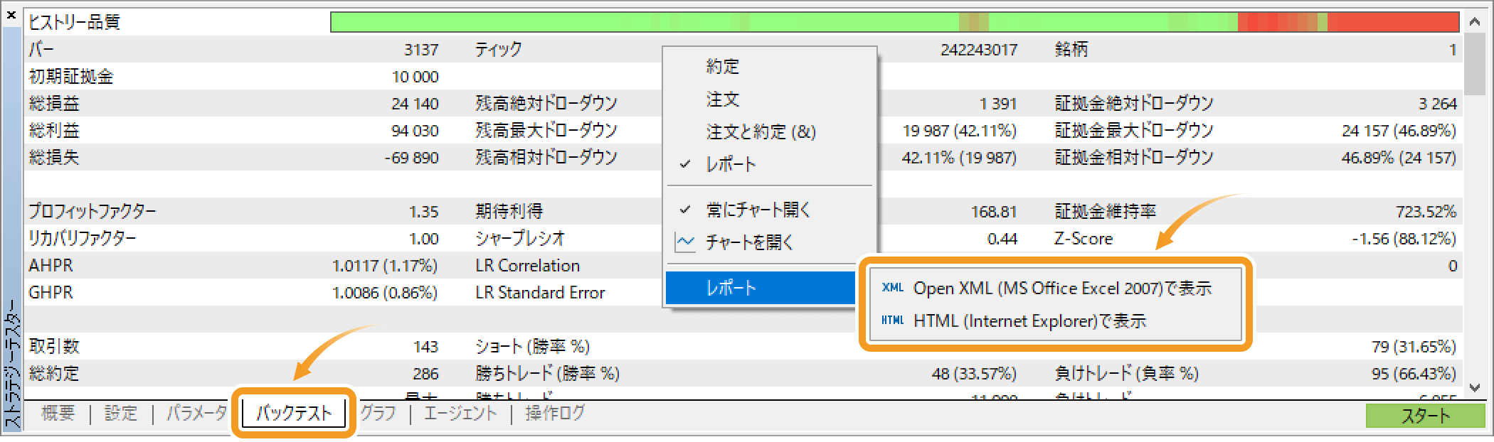 バックテストレポートの保存