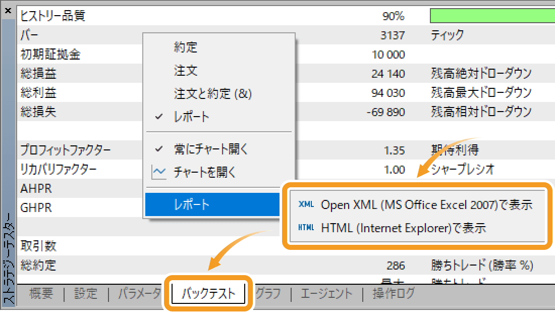 バックテストレポートの保存