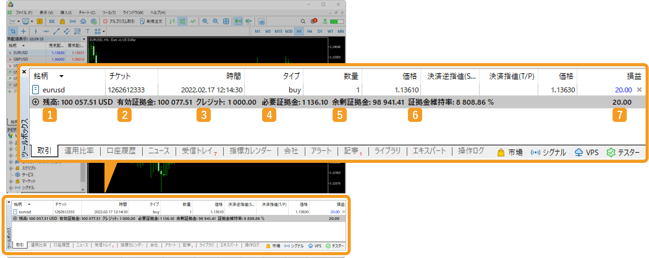 ツールボックス内の「取引」タブ