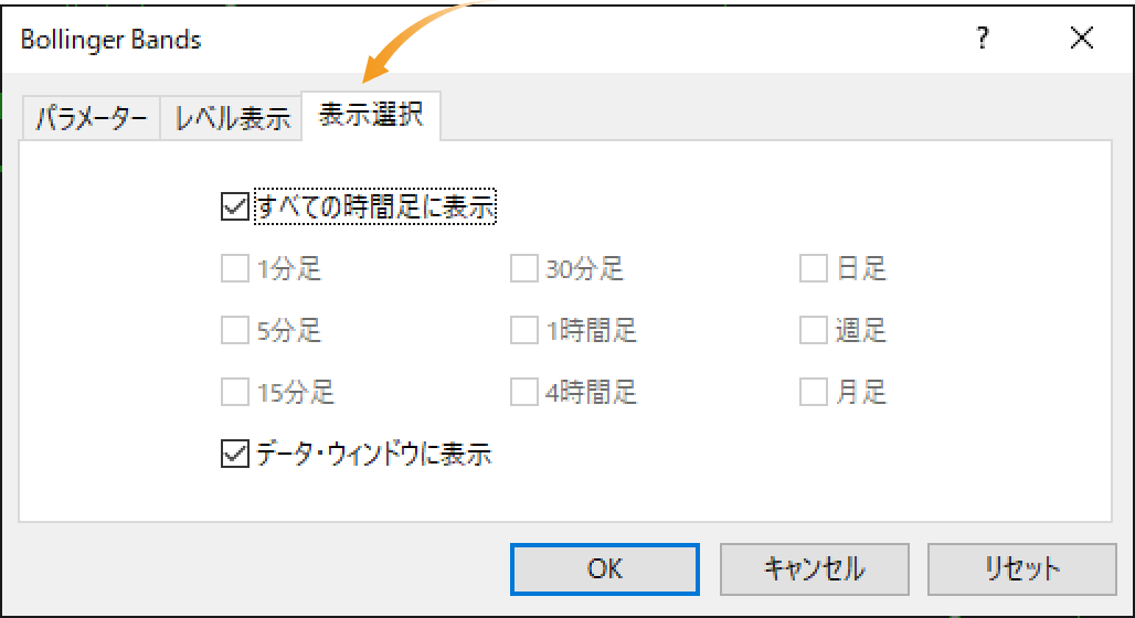 ボリンジャーバンドの表示選択の設定