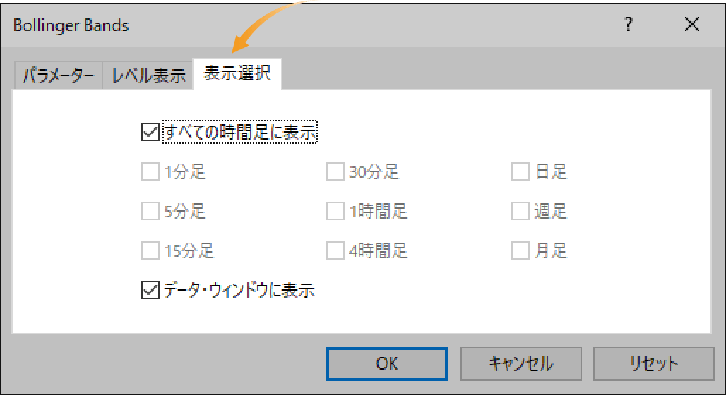 ボリンジャーバンドの表示選択の設定