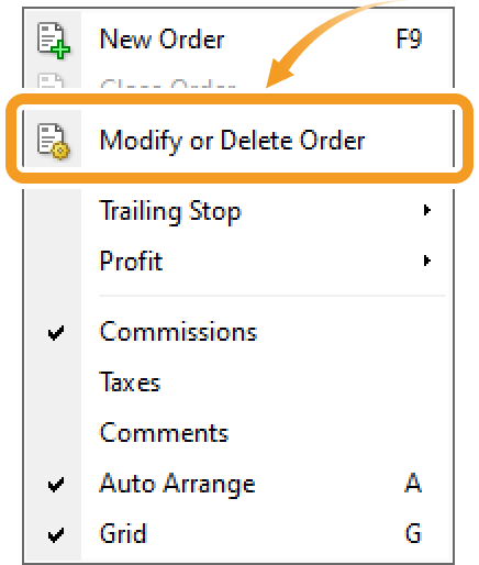 Right-click to show Modify or Delete Order