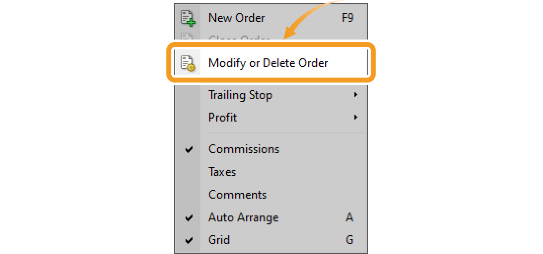 Right-click to show Modify or Delete Order