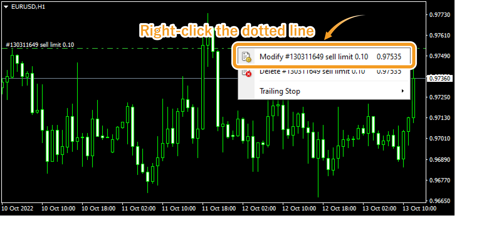 Double-click the dotted line to modify an order