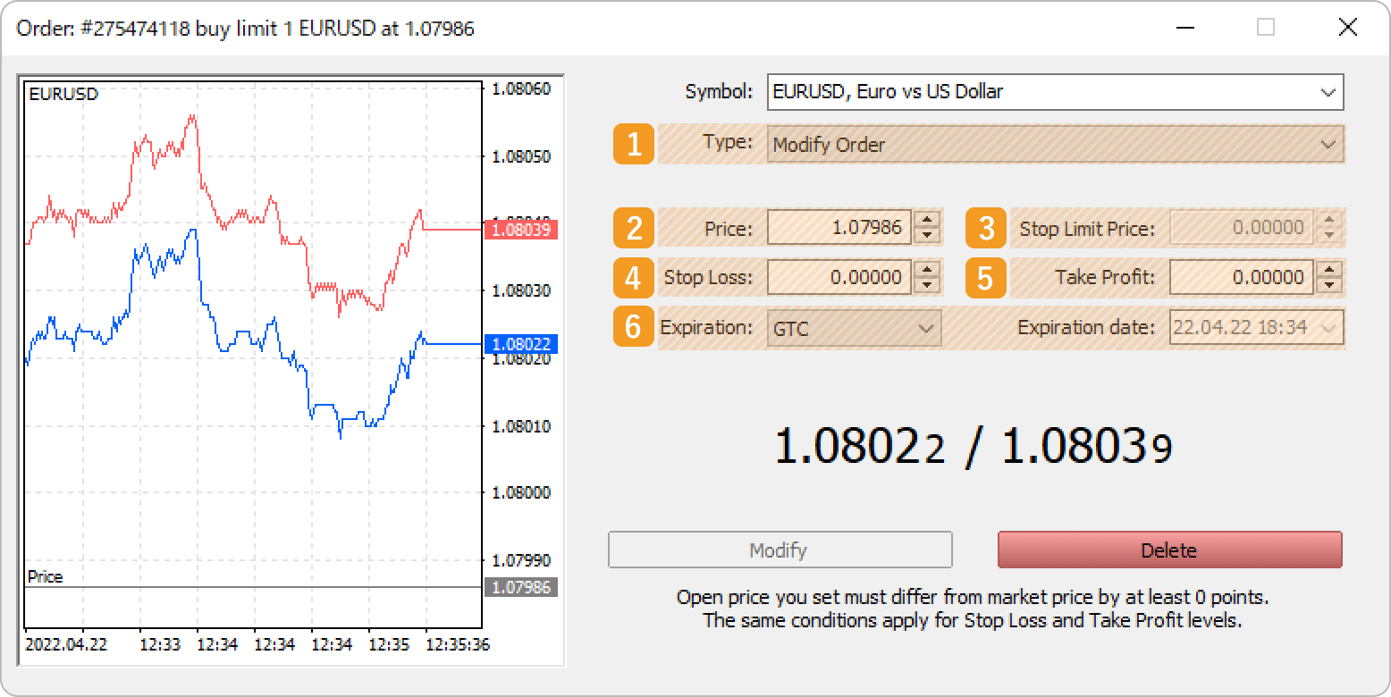 Modify the settings in the order window.