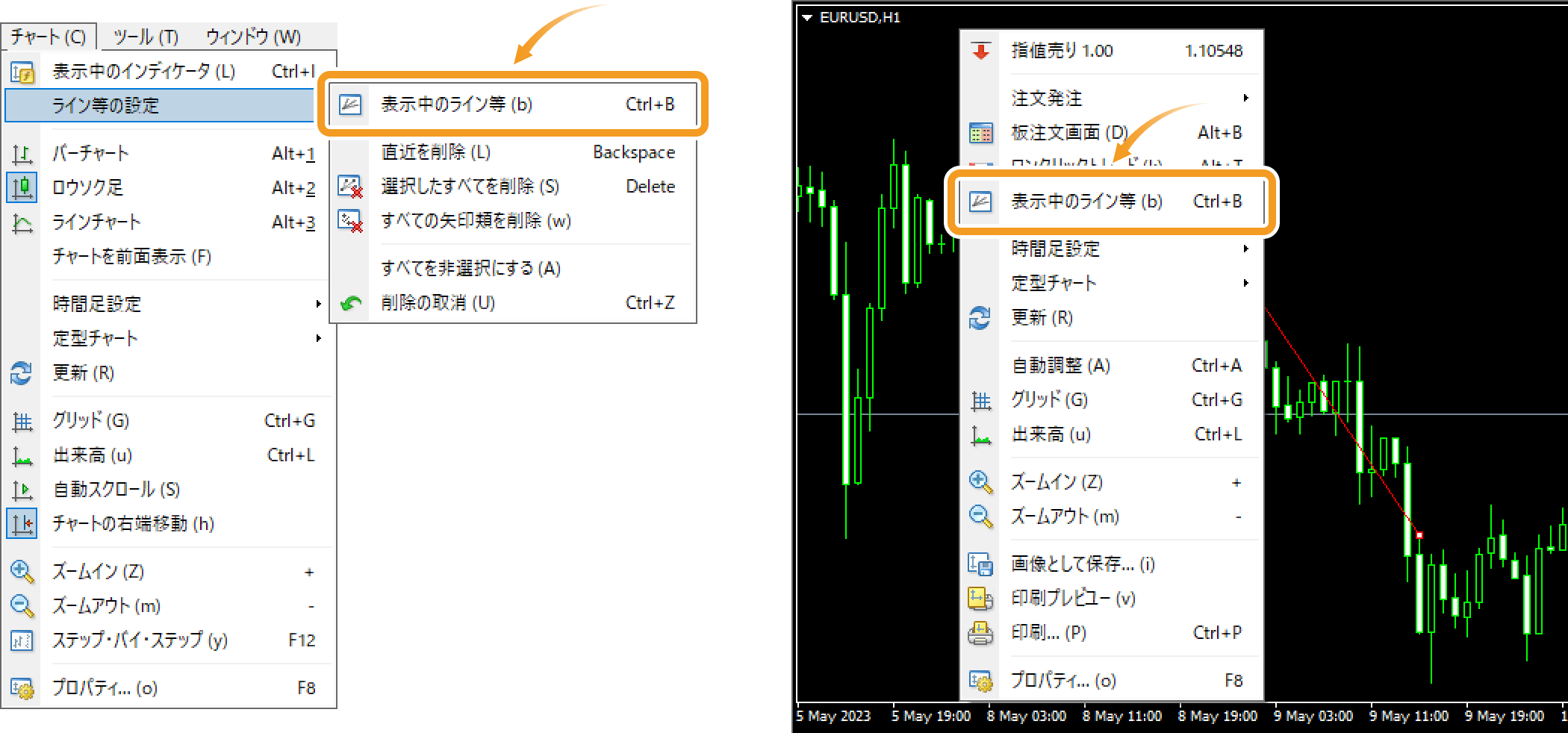 メニューから「表示中のライン等」を選択