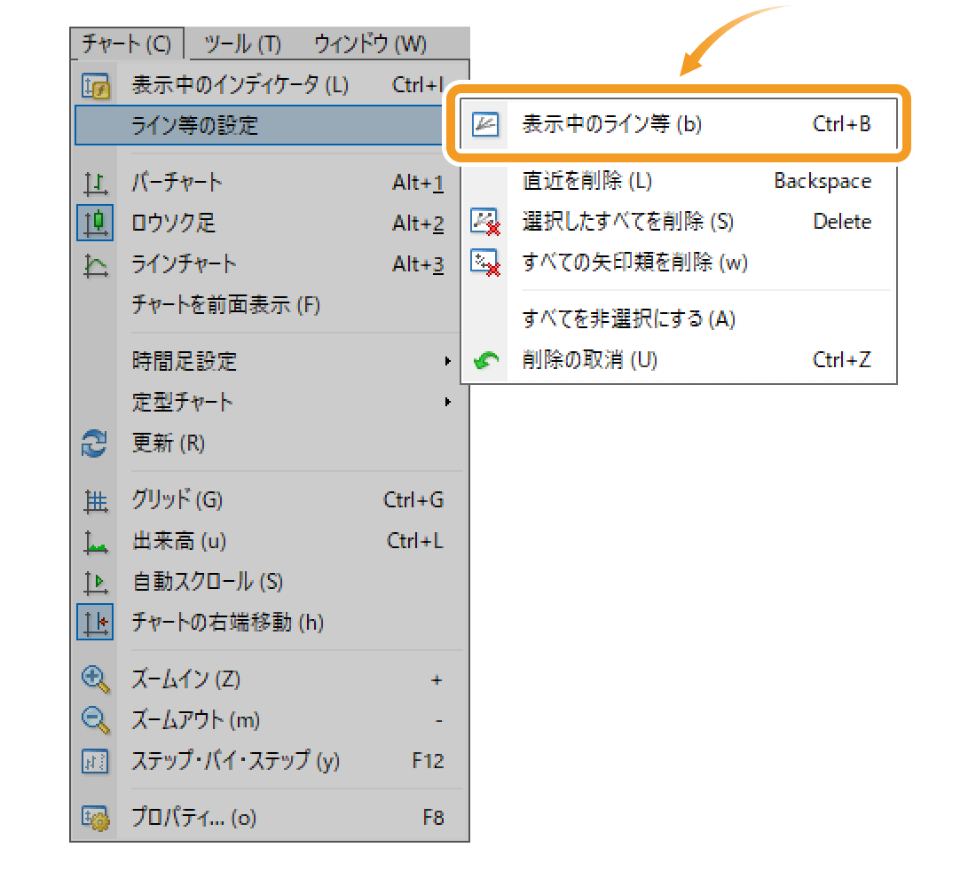 メニューから「表示中のライン等」を選択