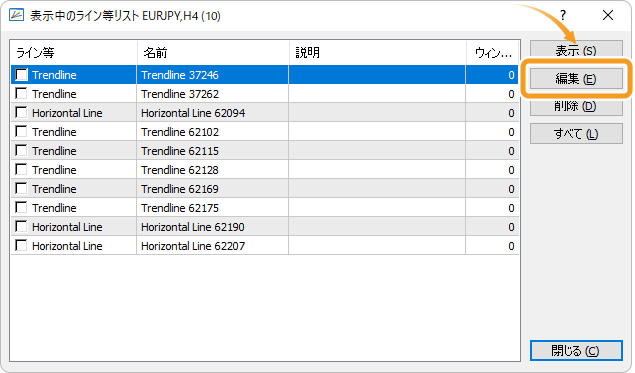 表示中のライン等リストで設定を編集