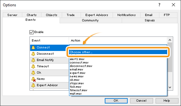 Pull-down menu on the sound settings