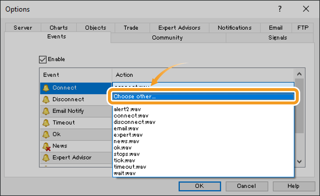 Pull-down menu on the sound settings