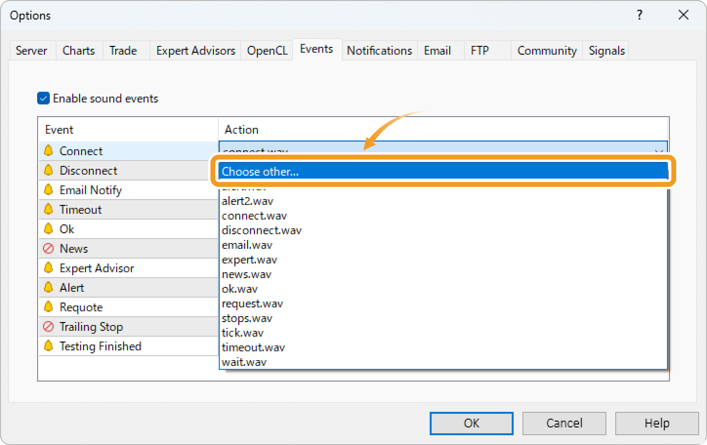 The pull-down menu to select an audio file