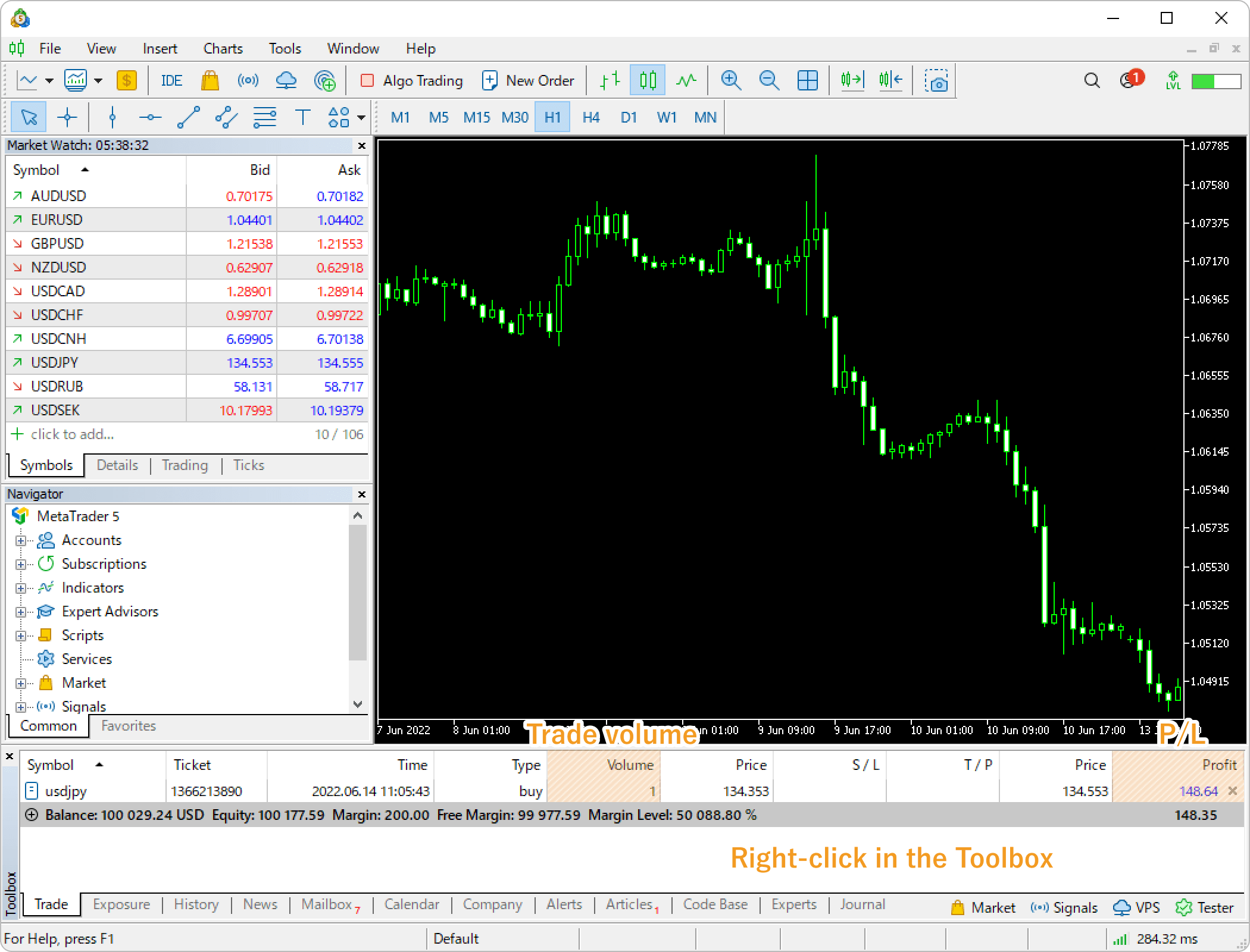 Right-click on the position in the Trade tab of the Toolbox