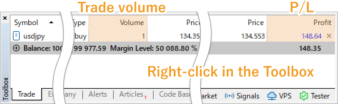 Right-click on the position in the Trade tab of the Toolbox