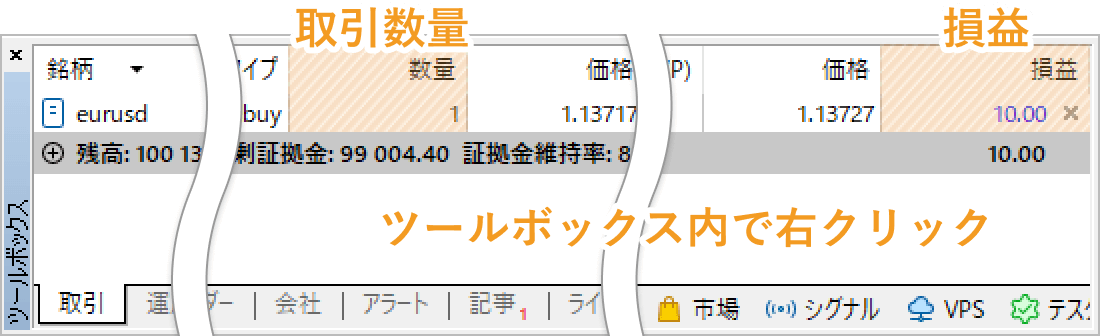 ツールボックスの「取引」タブ内のポジション上で、右クリックします。