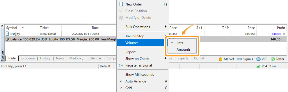 In the context menu, hover the pointer over Volumes and choose a unit