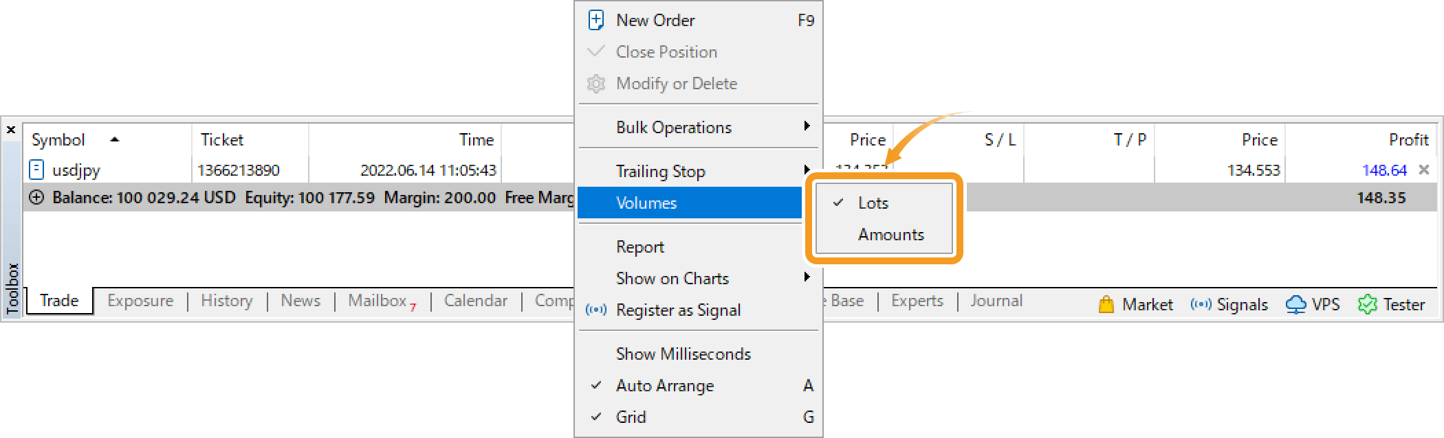 In the context menu, hover the pointer over Volumes and choose a unit