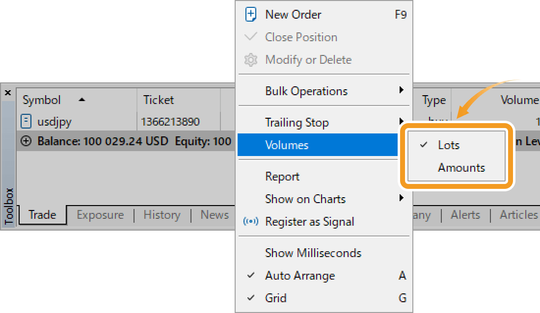 In the context menu, hover the pointer over Volumes and choose a unit