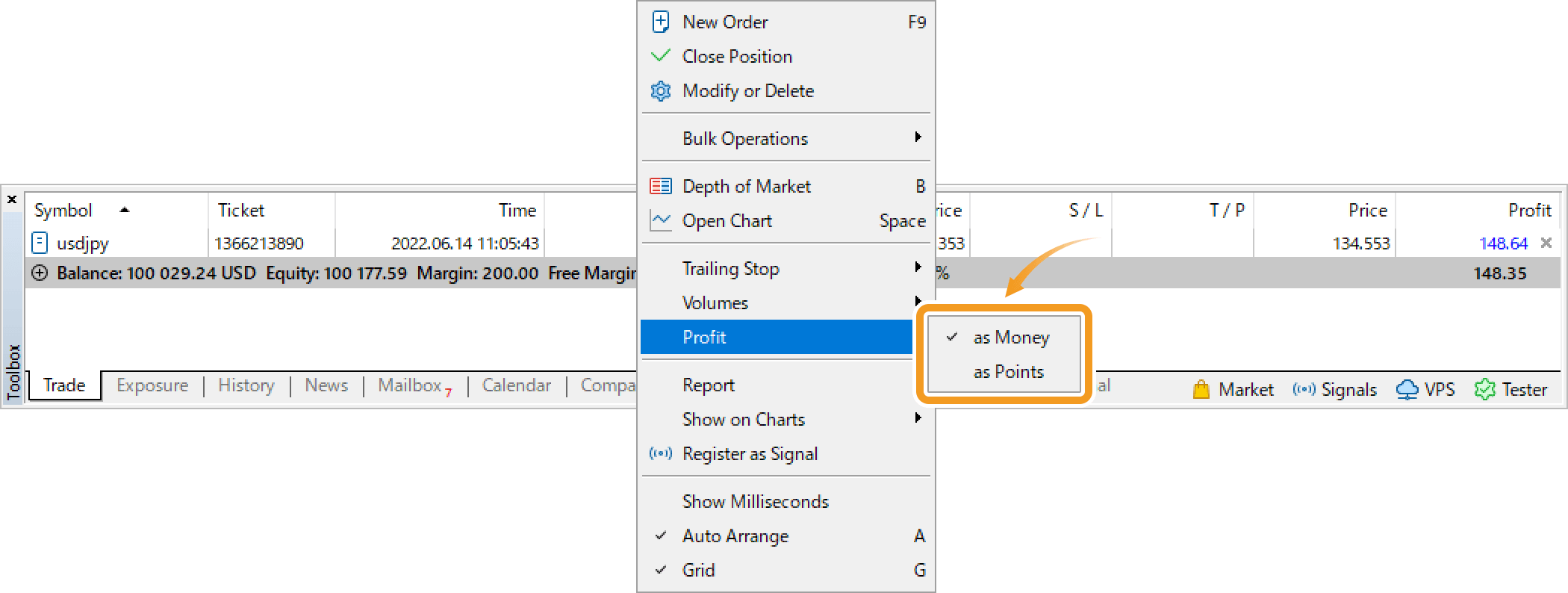 In the context menu, hover the pointer over Profit and choose a unit