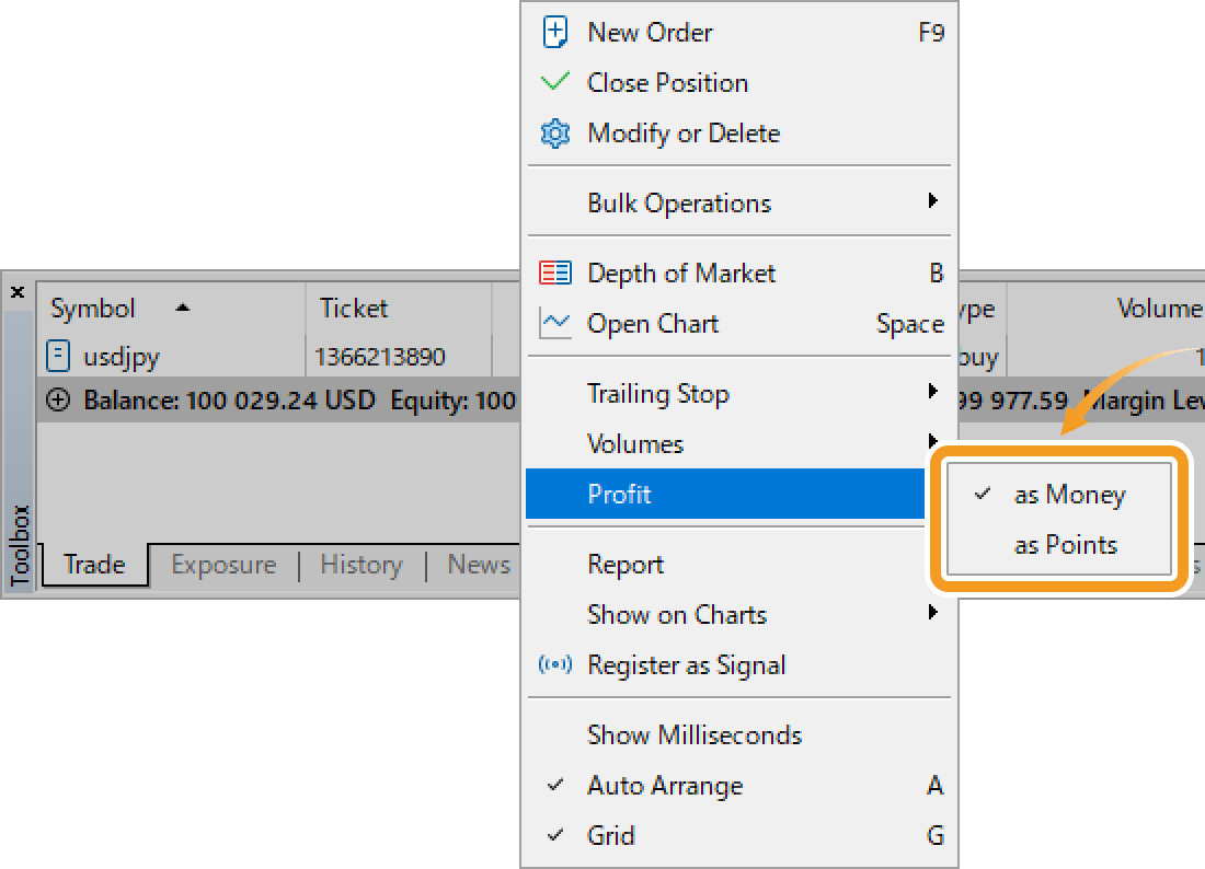 In the context menu, hover the pointer over Profit and choose a unit