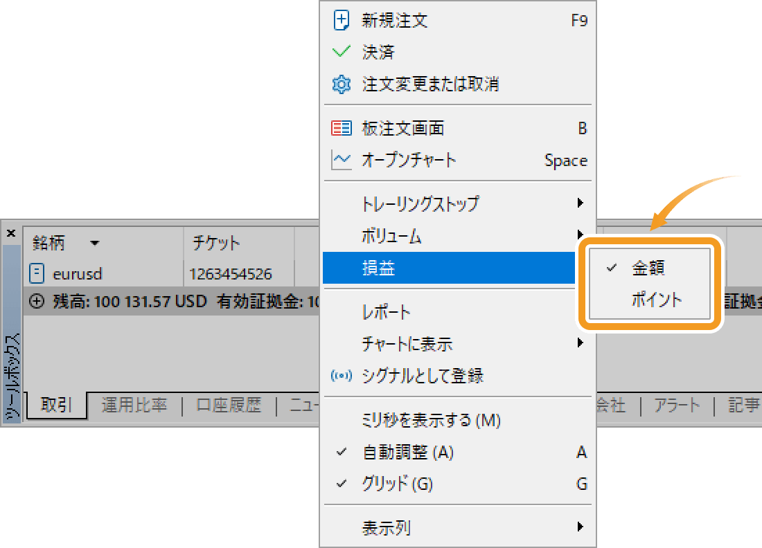 メニュー一覧にて、「損益」にマウスポインターを動かし、損益を表示する単位を選択します