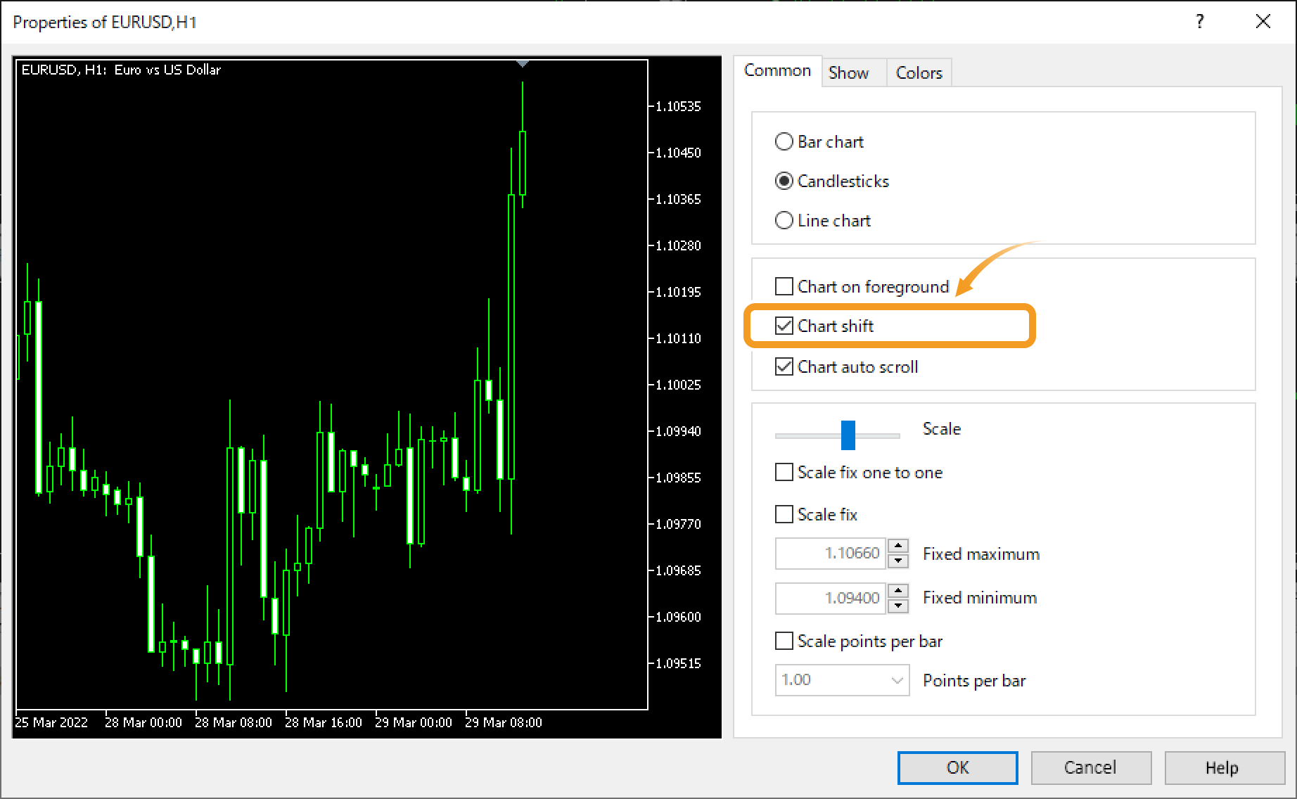 Check the Chart shift box and click OK