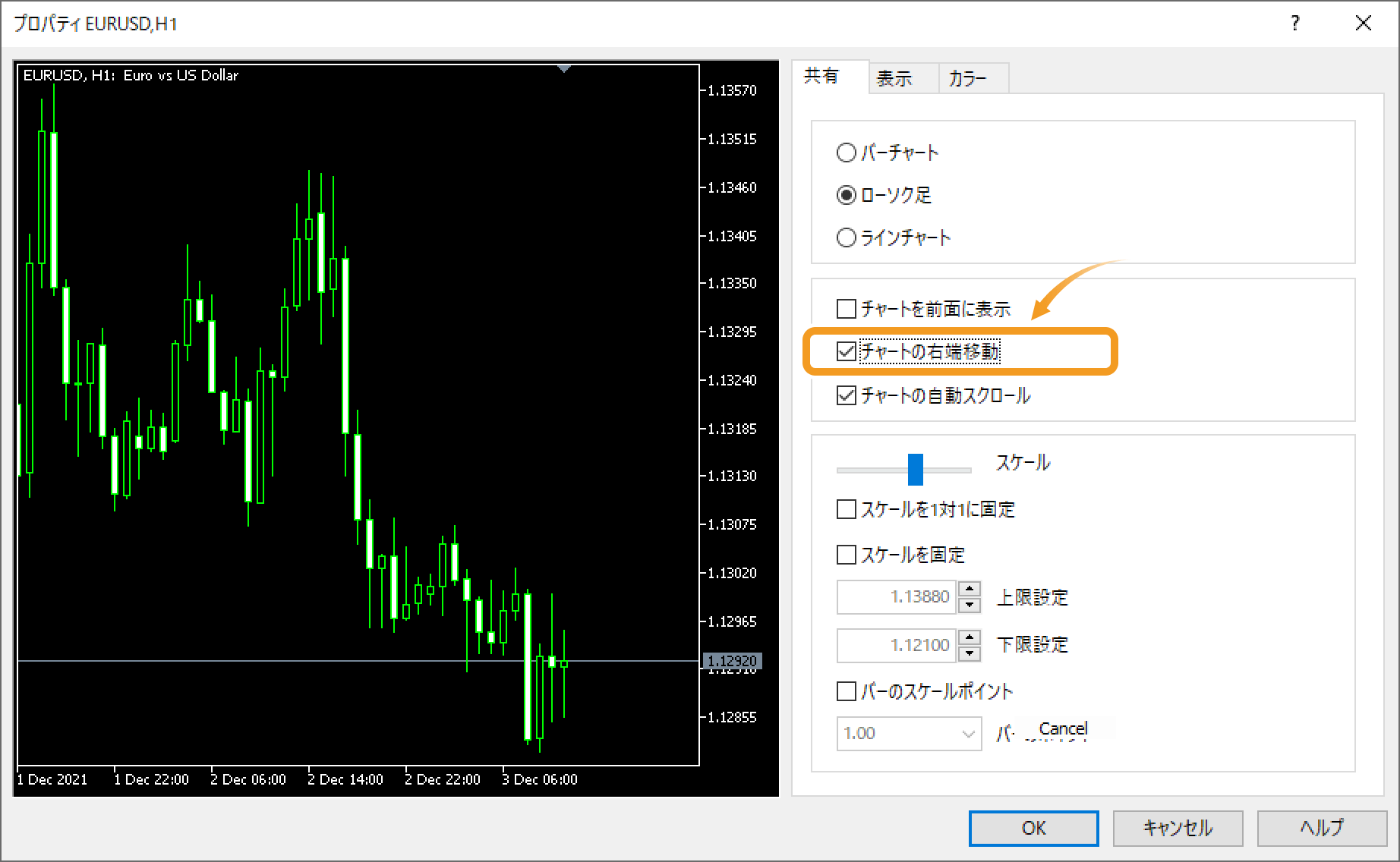 「チャートの右端移動」のチェックボックスにチェックを入れ、「OK」ボタンをクリック