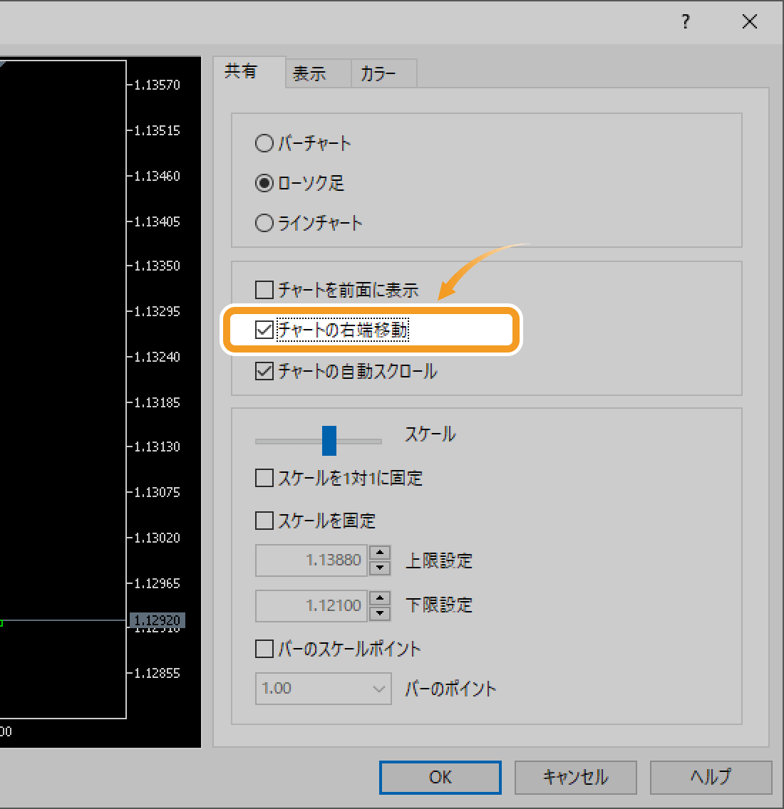 「チャートの右端移動」のチェックボックスにチェックを入れ、「OK」ボタンをクリック