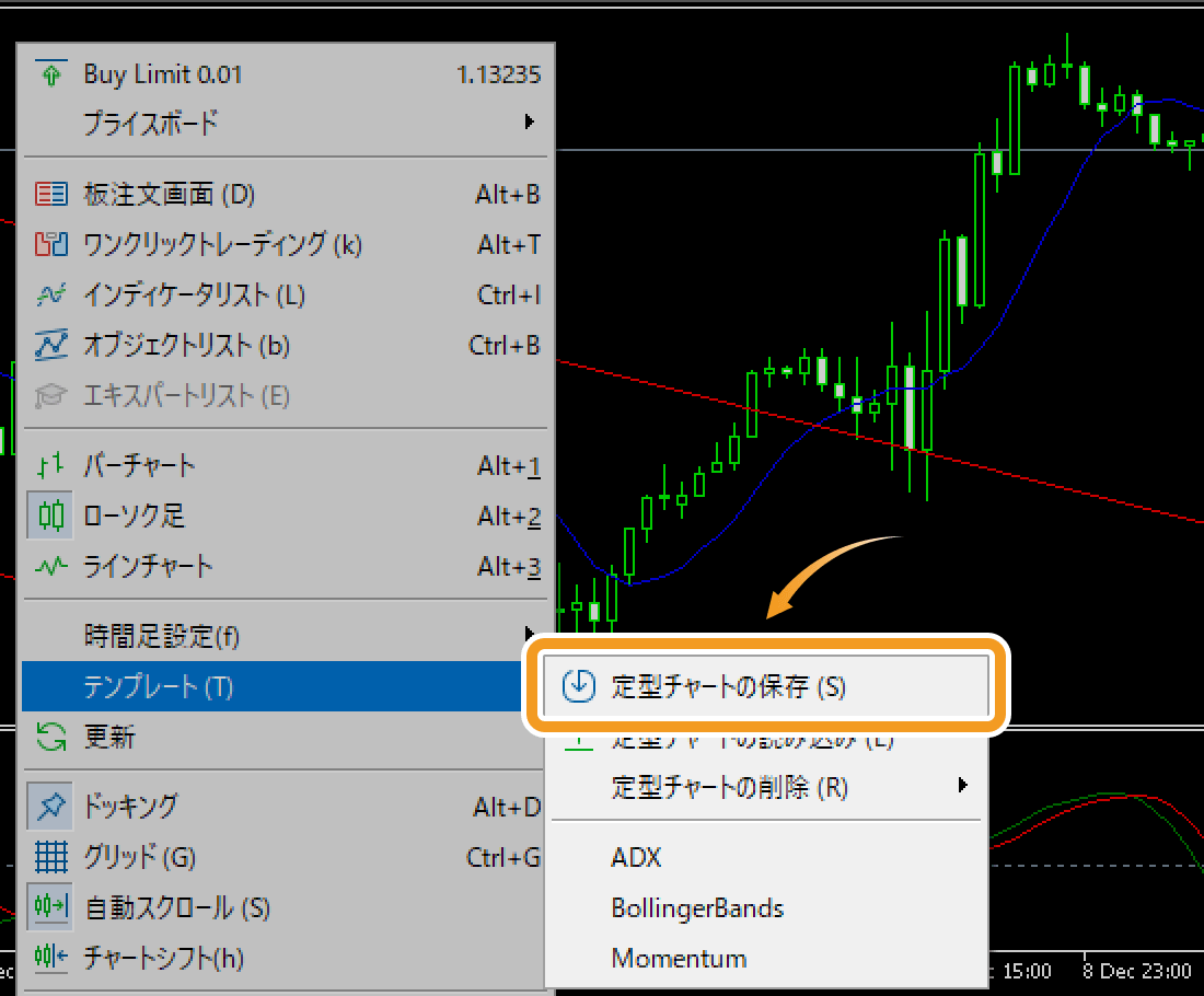 「テンプレート」にマウスカーソルを合わせ、「定型チャートの保存」を選択