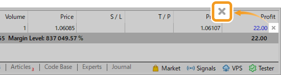 Click the Trade tab of the Toolbox and double-click on the position you wish to close